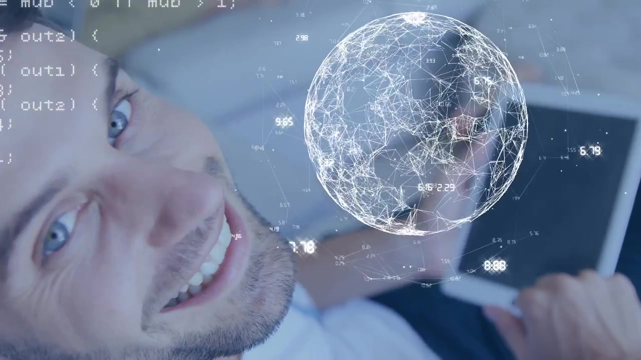 Animación de un globo de red de conexiones sobre un empresario caucásico usando una tablet