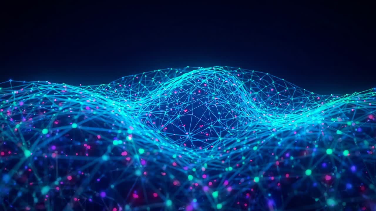 Starting pulsing network mesh in color-shifting void with glowing nodes lines and magenta-teal dots