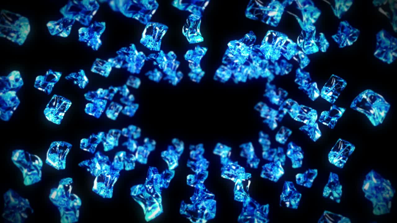 검은색 바탕에 많은 깨한 얼음 큐브를 날아. 부서진 얼음 조각, 자연 물. 부러진 얼음의 3d 애니메이션 회전. 루프 애니메이션.
