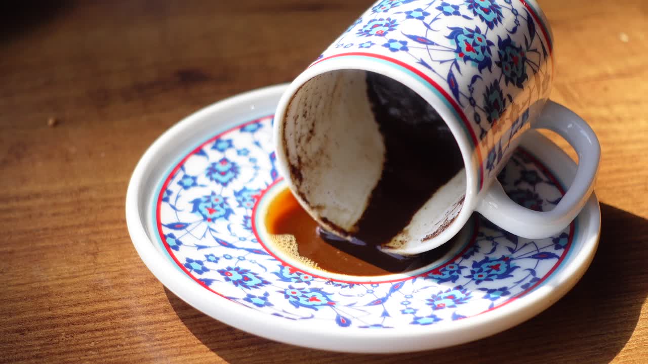 A Turkish coffee cup and saucer with coffee grounds