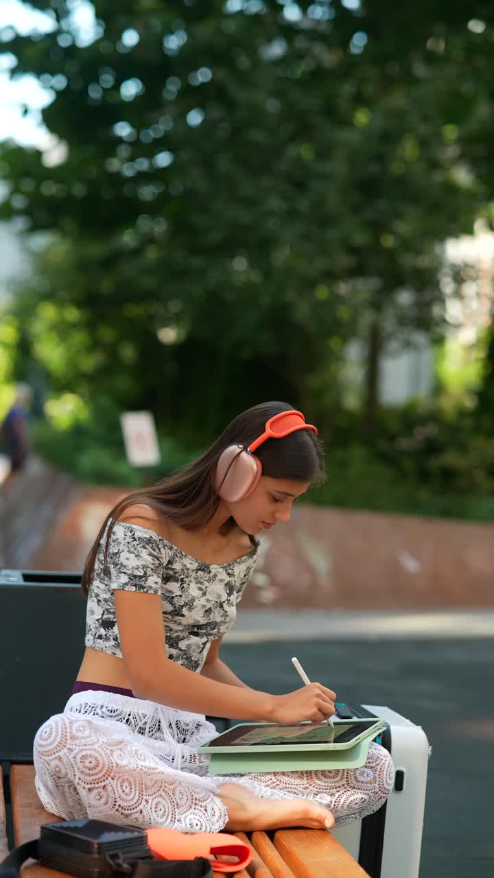 mujer joven dibujando en una tableta digital al aire libre