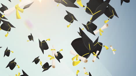 graduation caps and diplomas animation floating in air