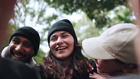 friends, face or hikers taking a selfie