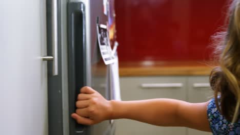 siblings opening refrigerator in kitchen