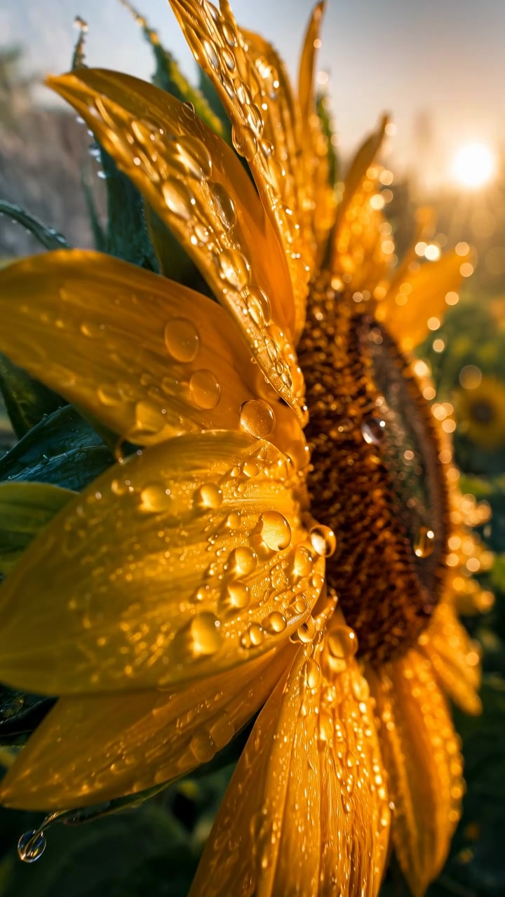 Observa un girasol florecer en un pintoresco prado soleado, rodeado de gotas de rocío y vibrantes pétalos amarillos y verdes. Esta serena escena primaveral captura la esencia de la belleza de la naturaleza.