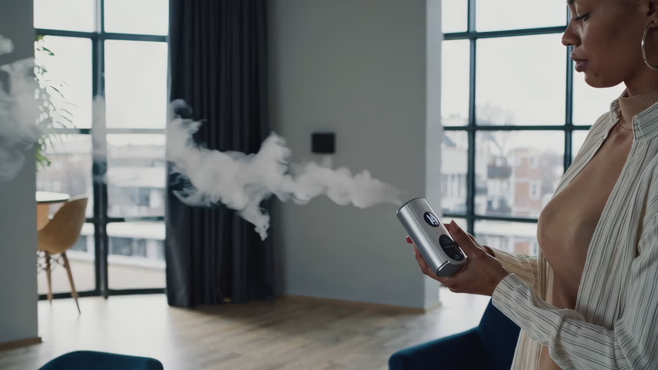 Woman using a portable humidifier in a modern home