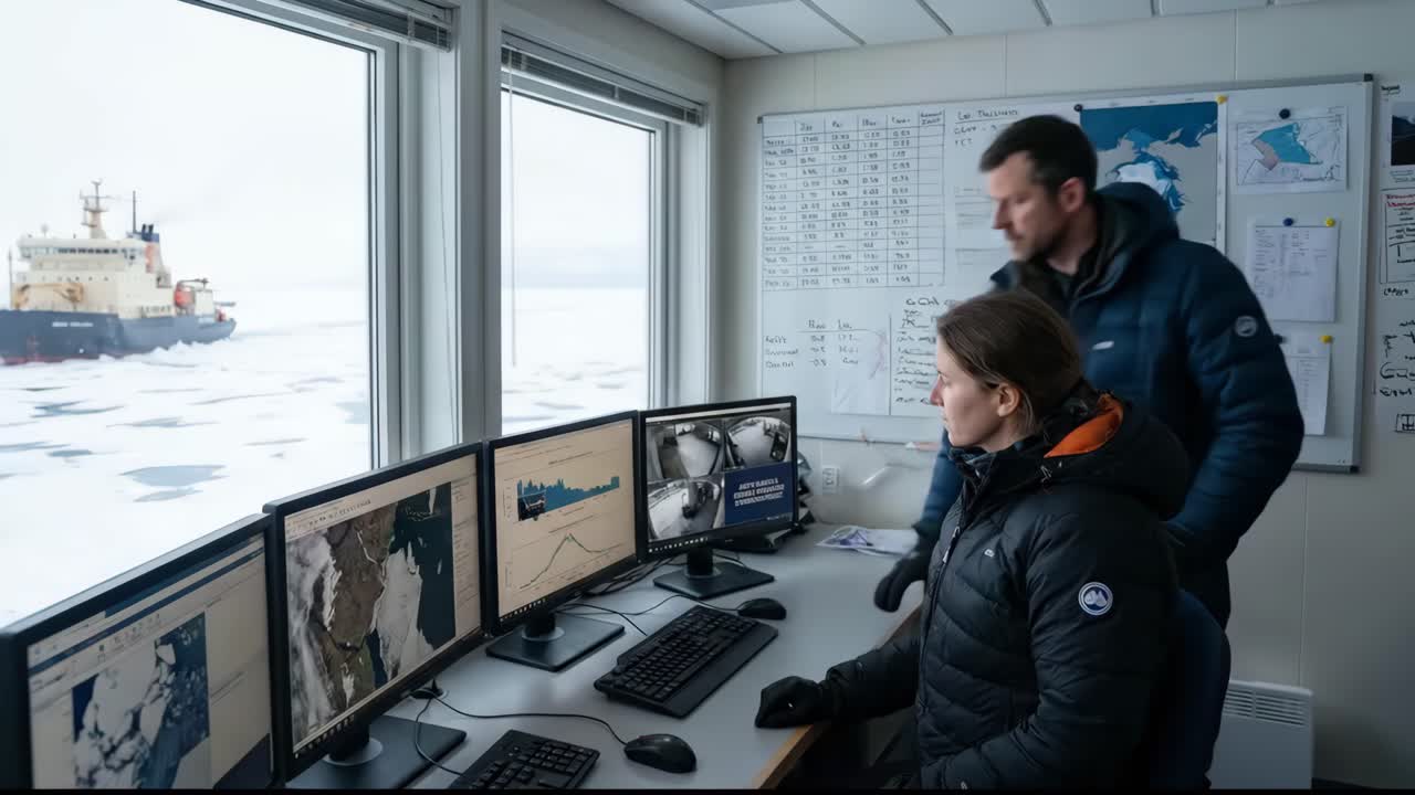 Scientists Working on Computers in Ship Control Room with Icebreaker View