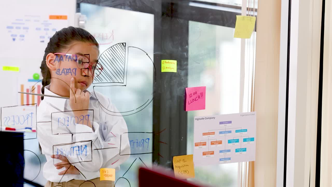 A young girl wearing glasses thoughtfully analyzes charts and sticky notes on a glass wall