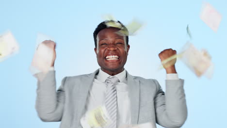 Money-rain,-winner-or-happy-black-man-in-studio