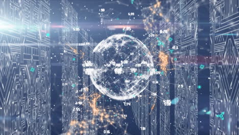 animación digital de una red global con datos que fluyen a través de la sala de servidores.