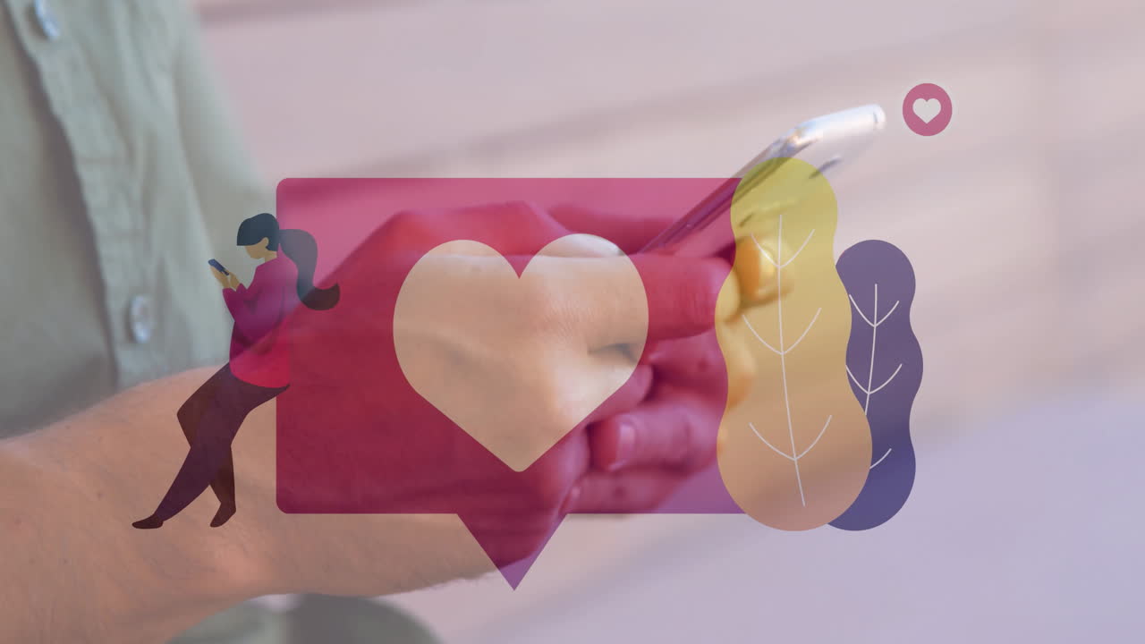 Holding smartphone, hands displaying heart and people animation overlay