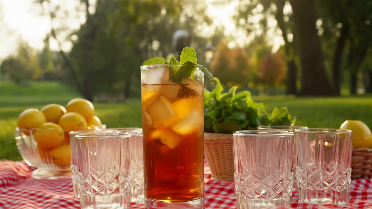 Un alto bicchiere a coste di tè freddo color ambra poggia su una tovaglia da picnic a quadretti rossi, pieno di cubetti di ghiaccio trasparenti, menta fresca e condensa, che risplende alla calda luce del sole contro la morbida vegetazione del parco, con ghiaccio, tè.