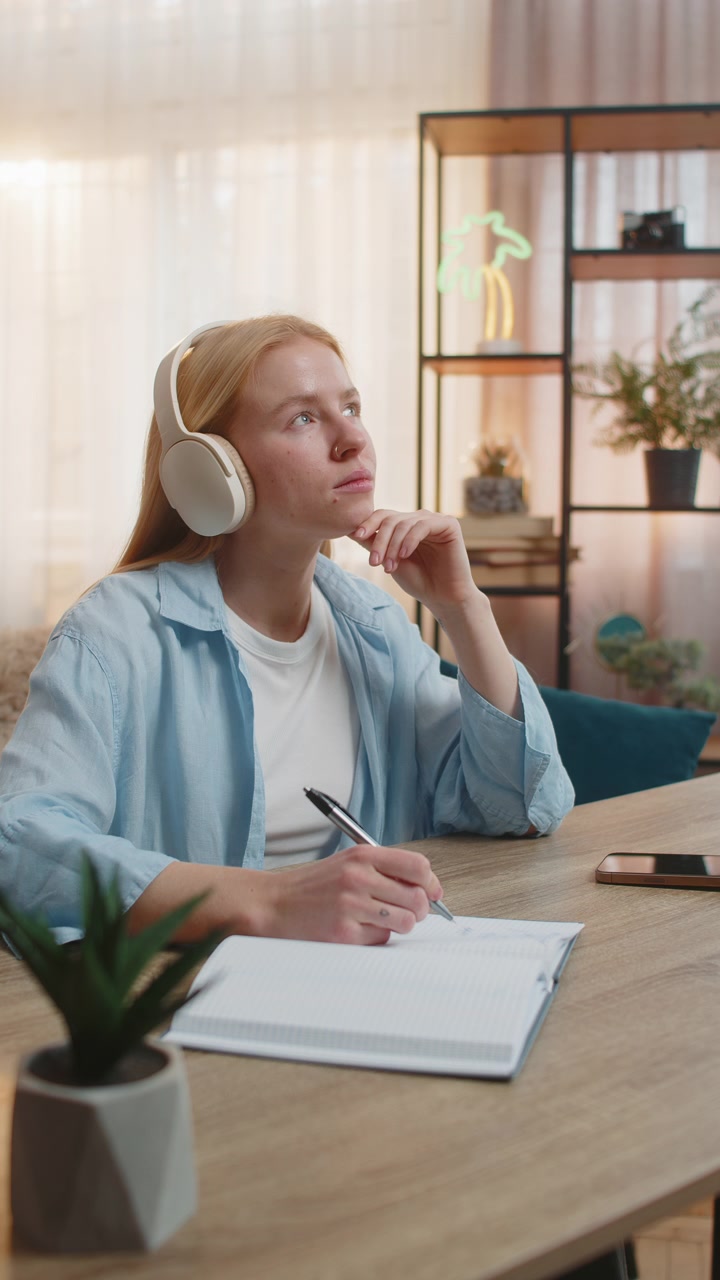 Young woman listening online course at home headphones on focused notetaking learning vibe