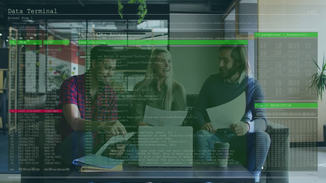 Squadra che condivide documenti sul divano mentre una sovrapposizione di un terminale dati appare, scorrendo i log e rivelando le tendenze.