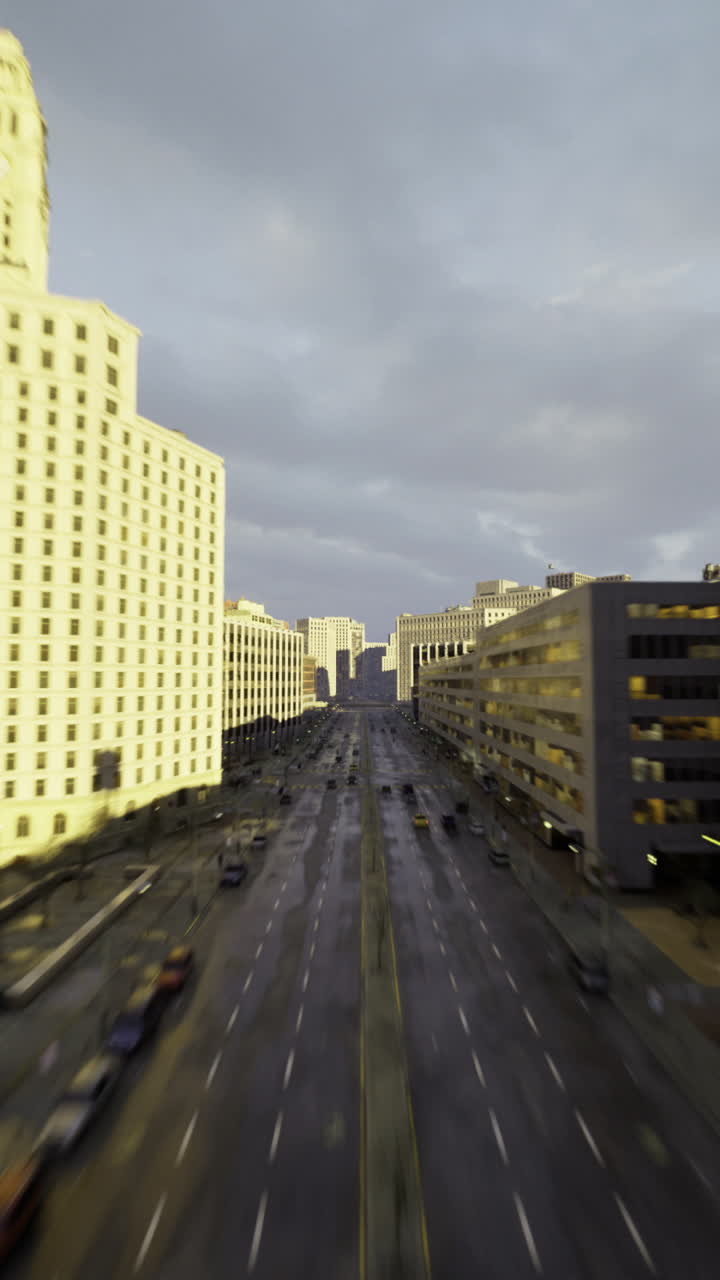Highangle shot capturing silent city streets with wet pavement and distant cars
