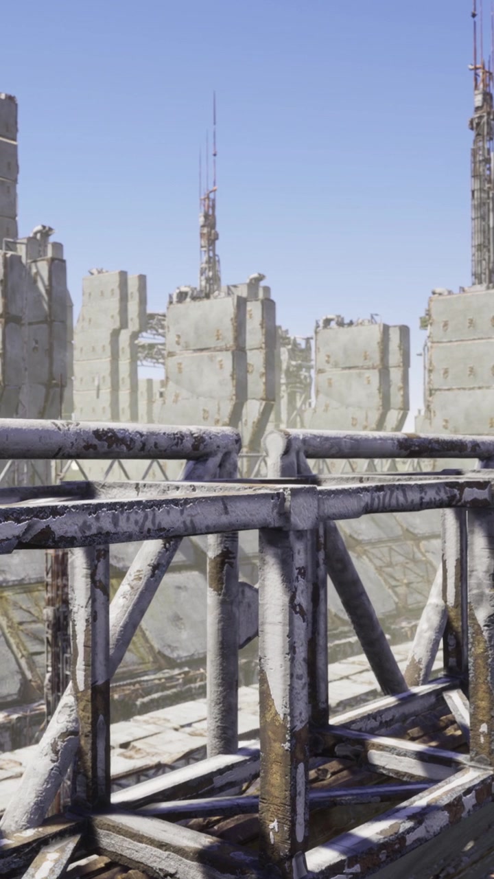 Esplorando un paesaggio urbano futuristico con strutture imponenti sotto un cielo sereno
