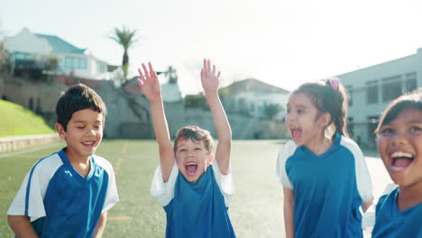 kids, soccer and hands together with cheers