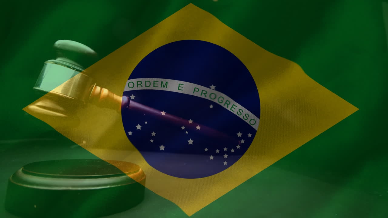 Animazione digitale della bandiera brasiliana e di un martelletto 4k