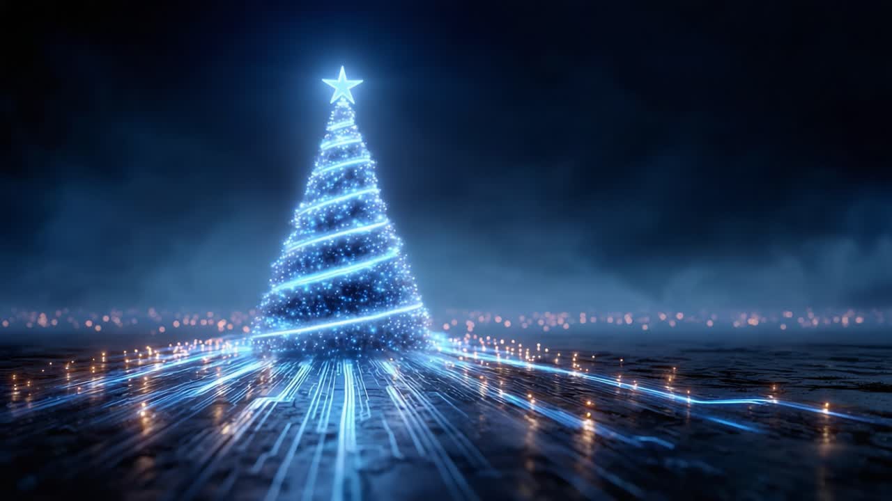 A Digital Christmas Tree Illuminated with Blue Lights and Glittering Effects, Surrounded by a Mystical Atmosphere and Twinkling Lights, Capturing the Spirit of Modern Holiday Cheer