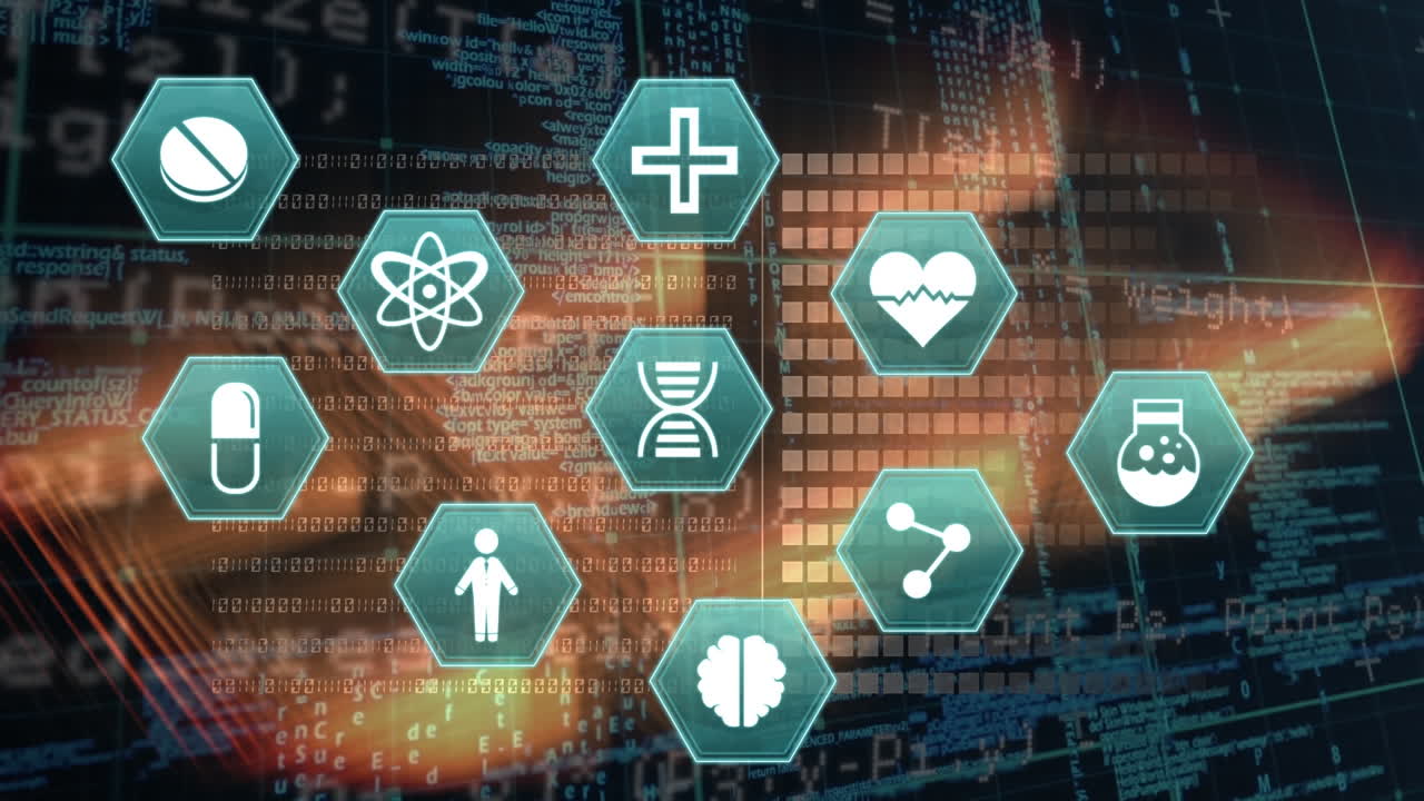 파란색 배경에 대한 데이터 처리에 대항하여 디지털 파도에서 디지털 아이콘의 애니메이션