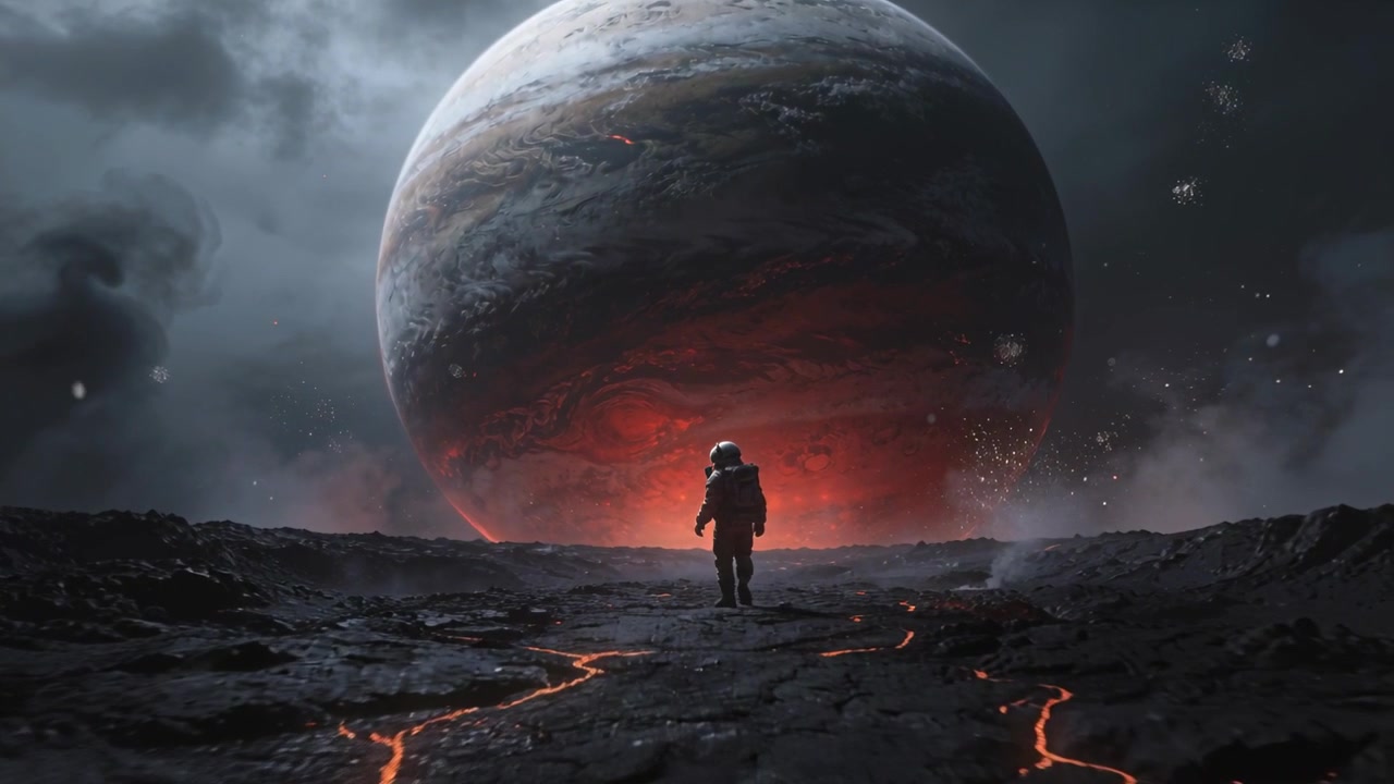 Astronaute marchant portant un casque et un sac à dos, traversant une plaine de lave vers une planète géante éclairée par une lueur rouge.