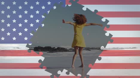 Animation-Von-Puzzles-Mit-Amerikanischer-Flagge,-Die-Konfetti-Und-Eine-Frau-Zeigen,-Die-Sich-Am-Strand-Dreht