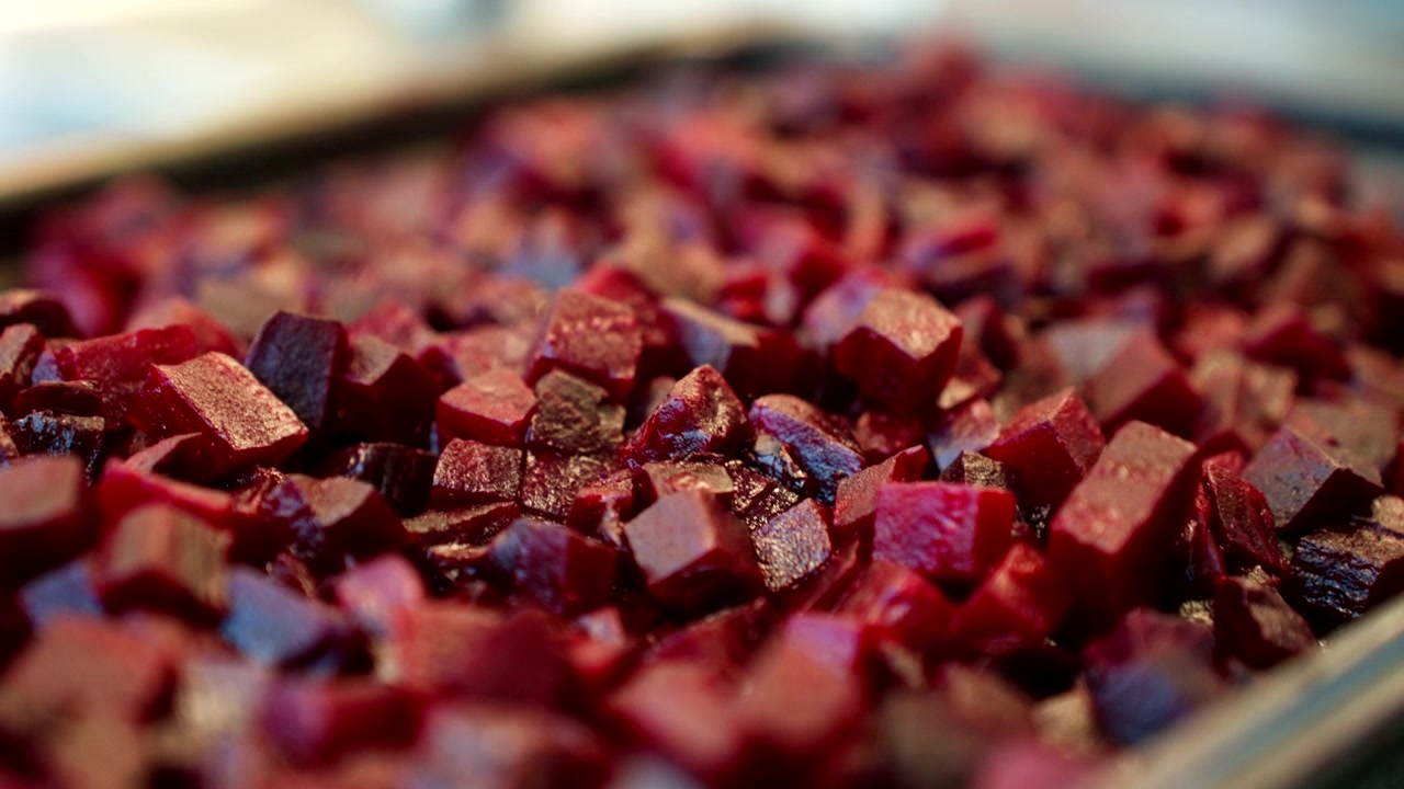 Beetroot Cut In Dice On Tray. - closeup shot