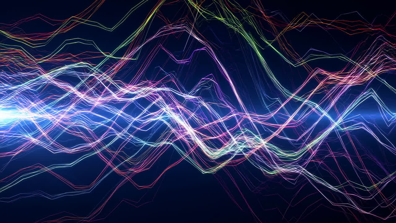 Multicolor Neon Waveforms Racing Across Dark Background, Pulsing Energy, Audio Frequency Patterns, Electrified