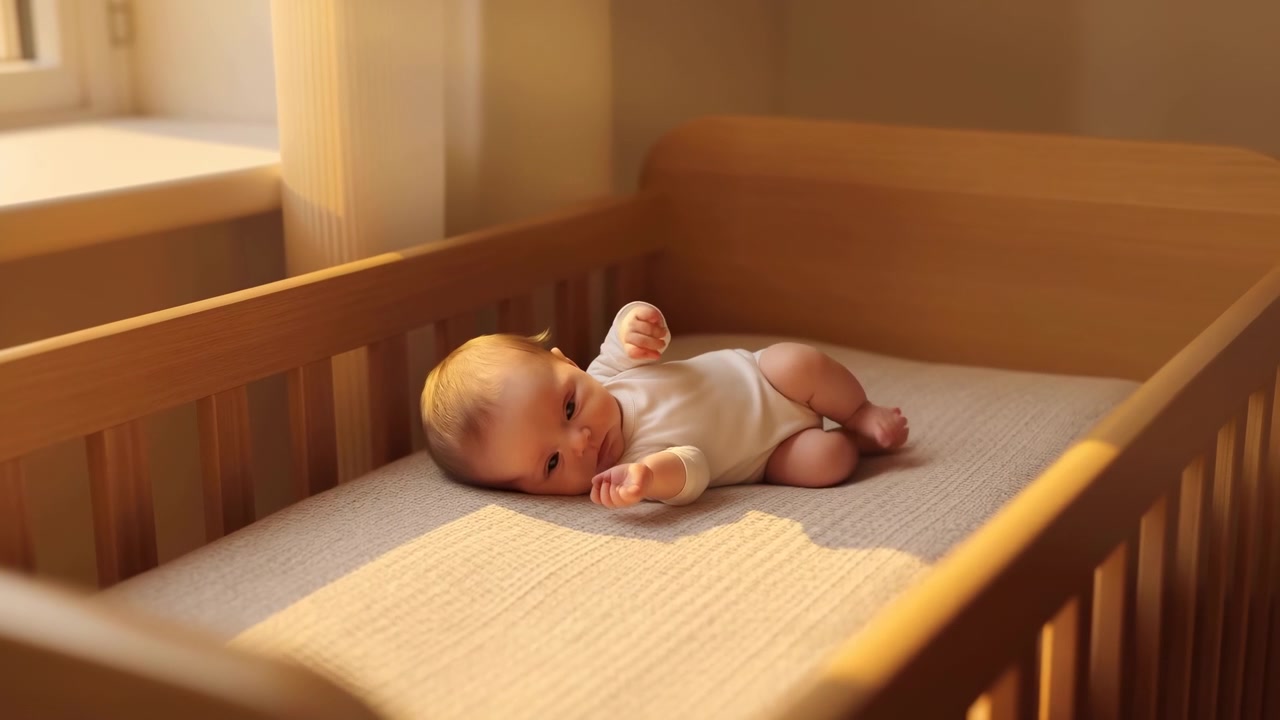 Small baby rests on textured crib mattress, opening eyes and making gentle hand and leg movements as golden window light falls across wooden rails and calm neutral room.