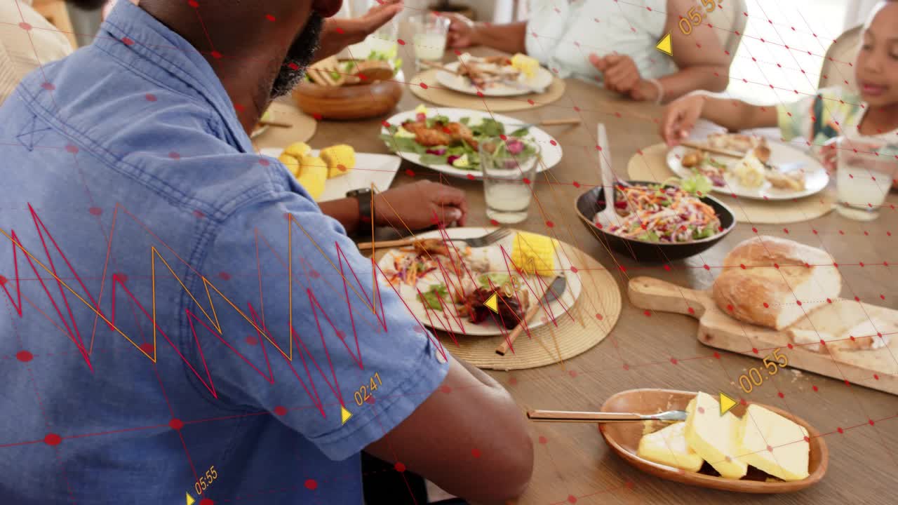 Bearded man pivoting as camera closing in, overlay tagging plates, circling smile for food ad