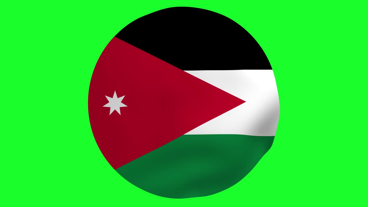 Bandeira redonda da Jordânia tremulando no ar. Animação 4K UHD.