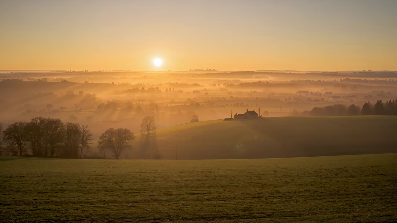 Stigande sol badar en dimmig jordbruksdal i ljus, bondgårdssiluetten avslöjar avlägsna åsar och träd.