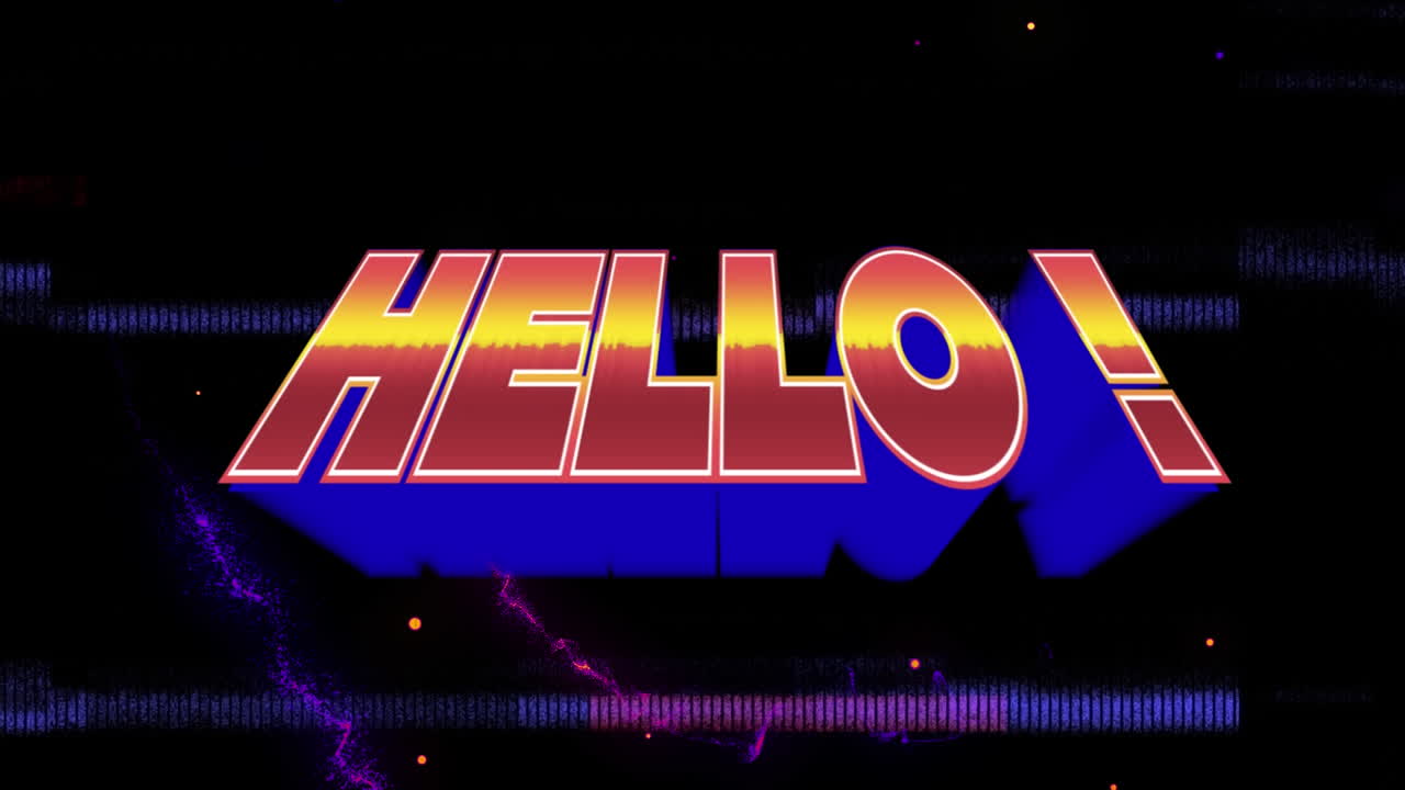 오렌지색과 파란색으로 텍스트, 안 ⁇ 하세요, 다채로운 빛의 흔적과 검은색에 왜곡된 애니메이션