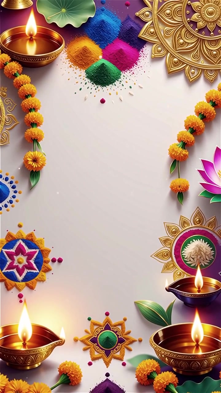 Sfondo Diwali con Diyas luminosi, Rangoli e fiori di loto