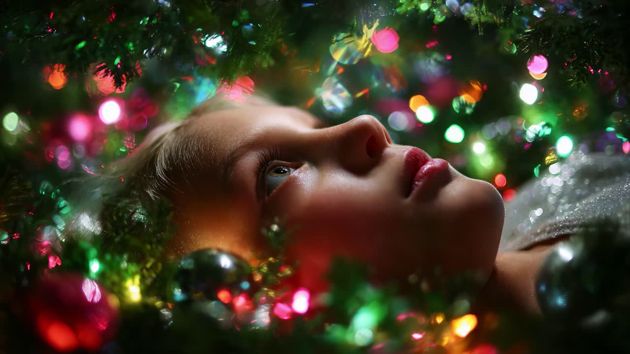 A Child's Dreamy Gaze Surrounded by Twinkling Holiday Lights, Creating a Magical Christmas Atmosphere with Colorful Ornaments and Glittering Reflections in the Background