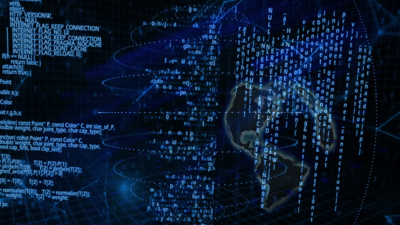 Animation of digital code and data streams flowing across abstract globe in school