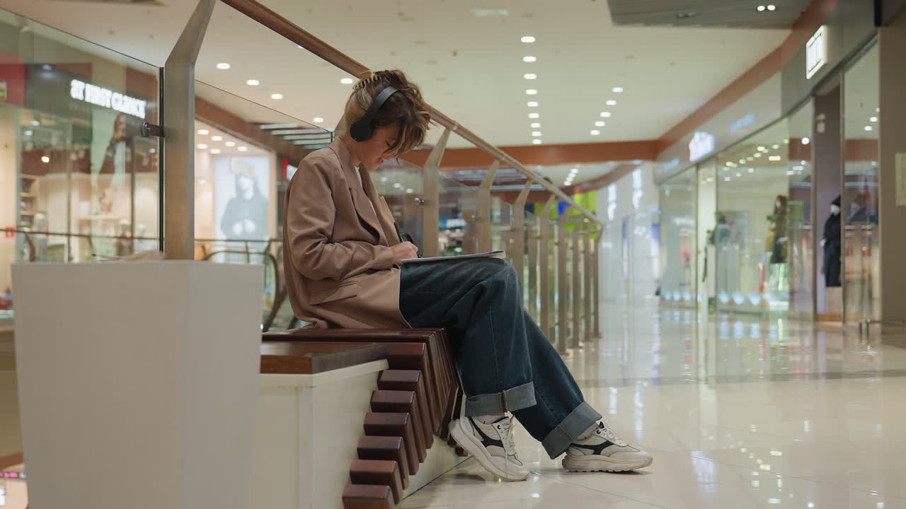 edición de vídeo en público, mujer editando vídeos al aire libre, mujer sentada al aire libre editando vídeos mientras la gente camina cerca, mujer caucásica trabajando en la edición de vídeo en un parque público con auriculares puestos