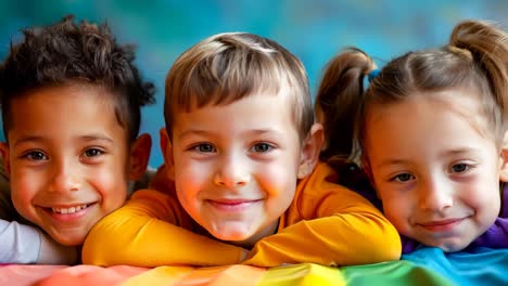 a group of three children laying on top of a colorful blanket