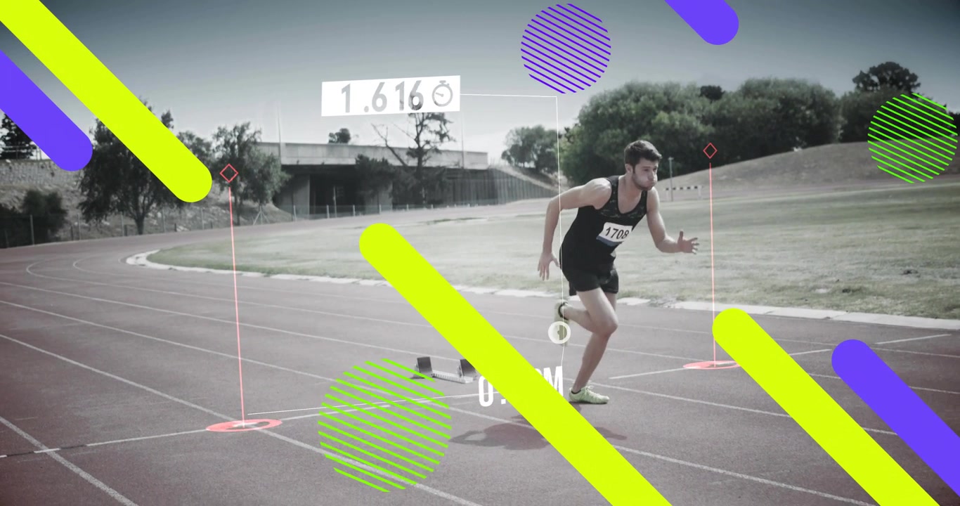 Sprinter driving off blocks after countdown, sprinting while tech graphics animating split metrics