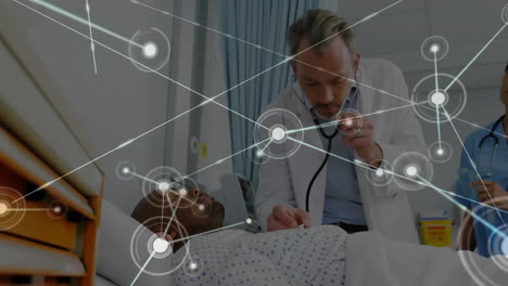 animation of network of connections over caucasian doctors examining patient