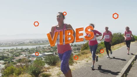 Animation-of-text-vibes,-in-orange,-with-orange-circles,-over-women-running-by-beach