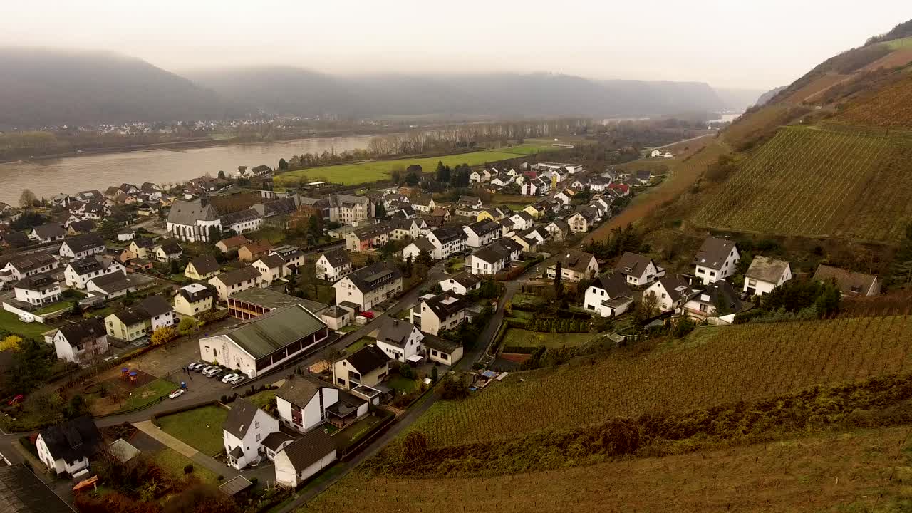 Klein stadje en wijngaarden aan de rivier, drone-opname in herfstkleuren