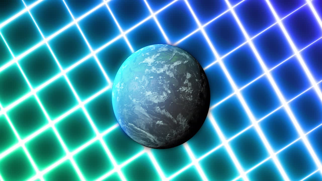 animación del globo girando sobre el patrón de neón azul a verde