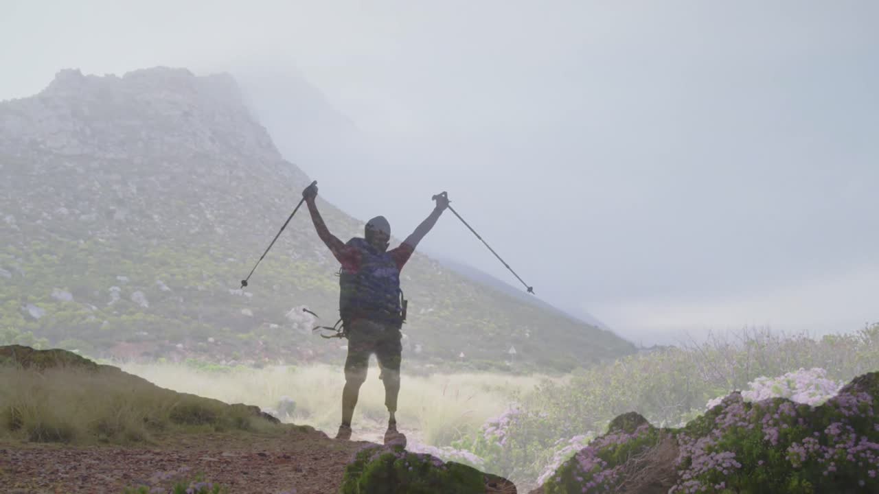 팔을 펴고 있는 장애인 이중 인종 남성 위의 풍경 애니메이션