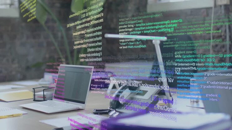 Animation of data processing over laptop in office