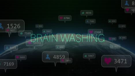 Animation of social media notifications with brainwashing text over digital globe