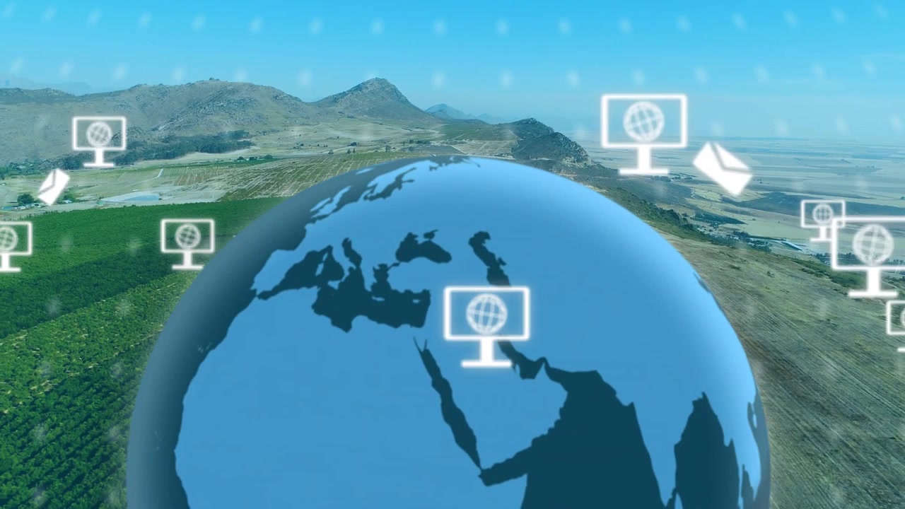 Globo che si innalza nella visuale, ruotando come un disegno a griglia, con icone che appaiono e orbitano, sfumando e mostrando una rete.
