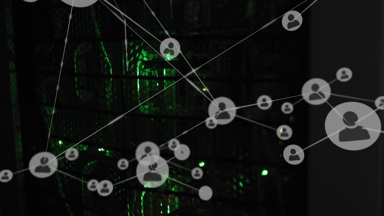 Animation of network of connections over green lights flowing of computer server