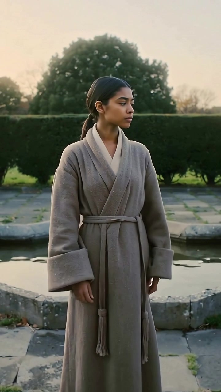 Vertical video: Smoothing sleeves woman in robe fixing belt and turning to side at garden fountain