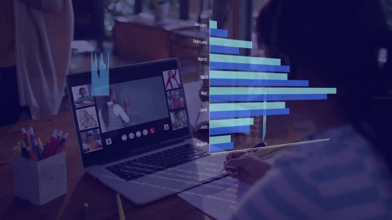 animación de gráfico sobre chica biracial usando portátil para lecciones en línea